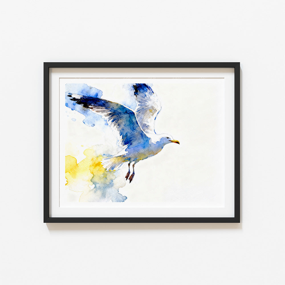 Avian Aglow Watercolor-Style Coatal Sea Gull Art