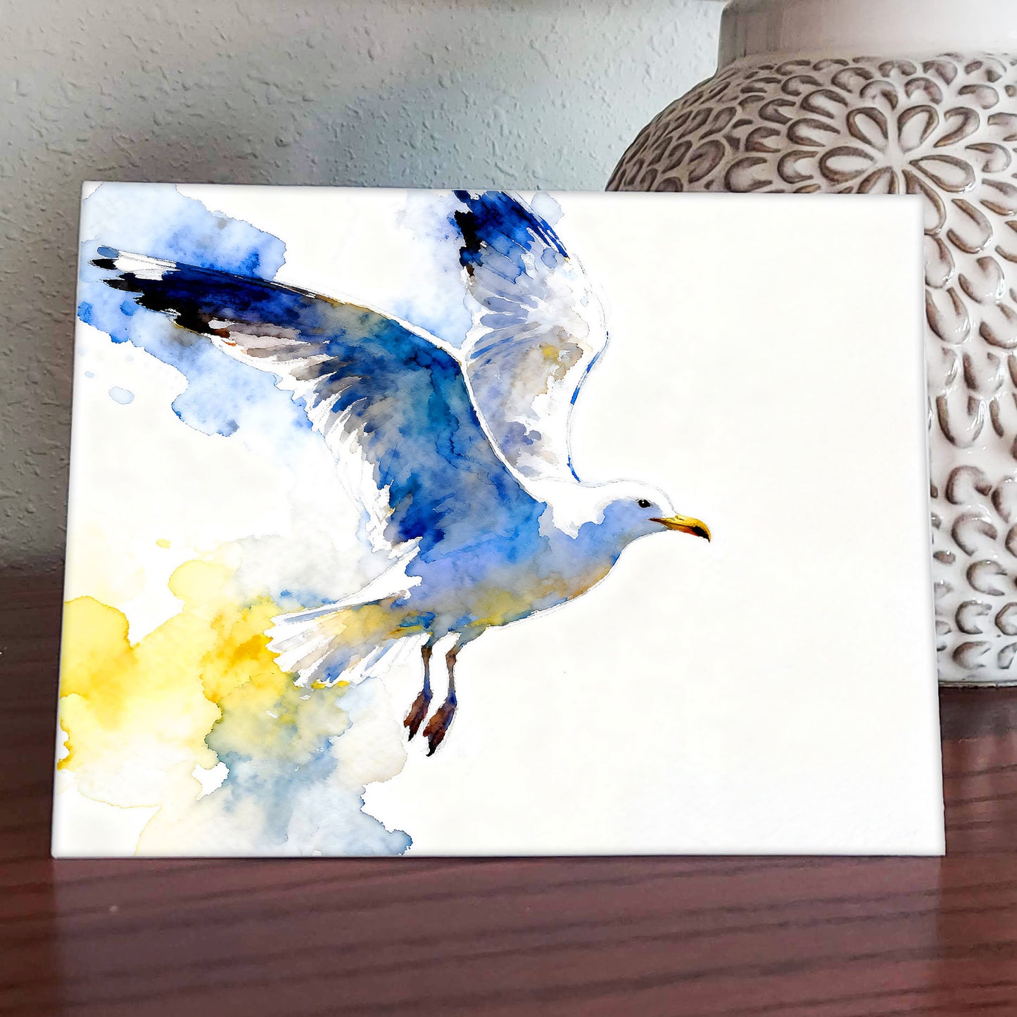 Avian Aglow Watercolor-Style Coatal Sea Gull Art