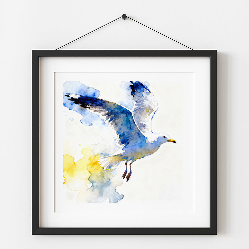 Avian Aglow Watercolor-Style Coatal Sea Gull Art