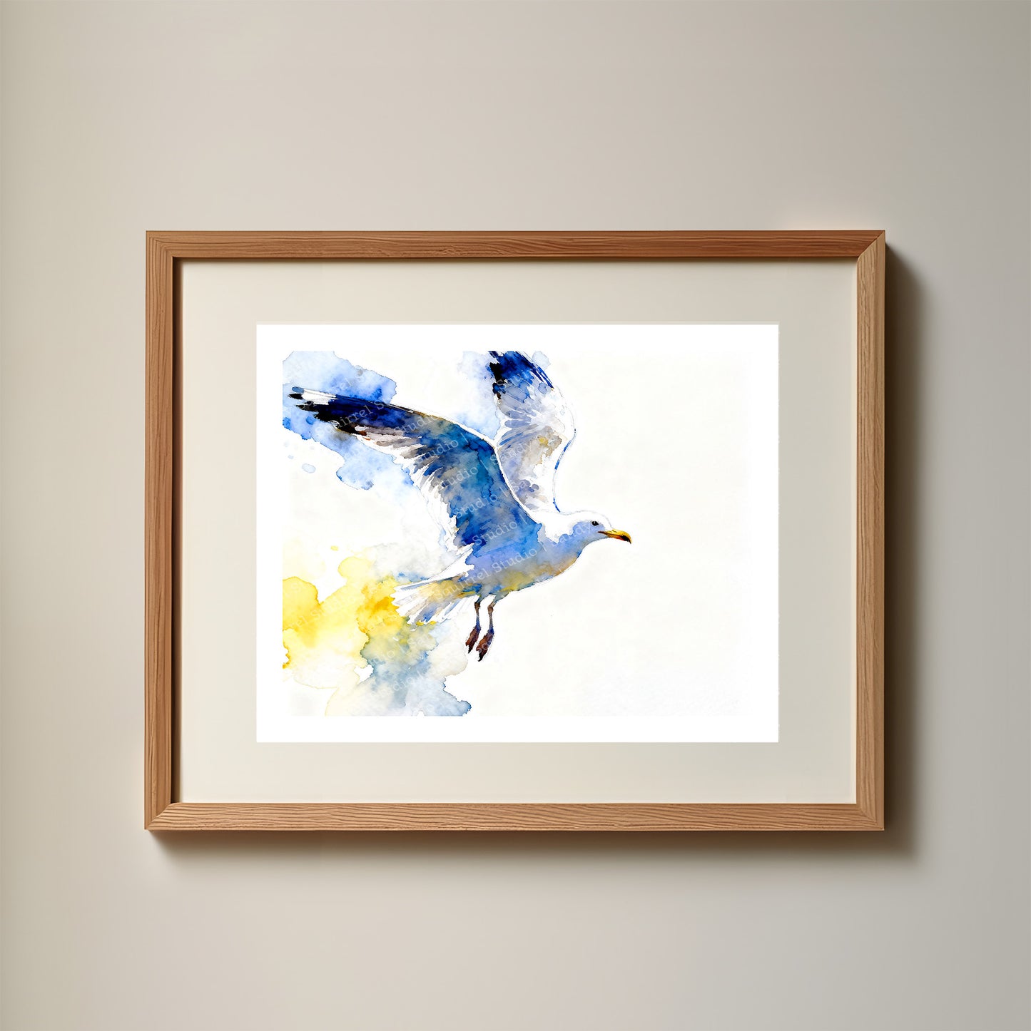 Avian Aglow Watercolor-Style Coatal Sea Gull Art