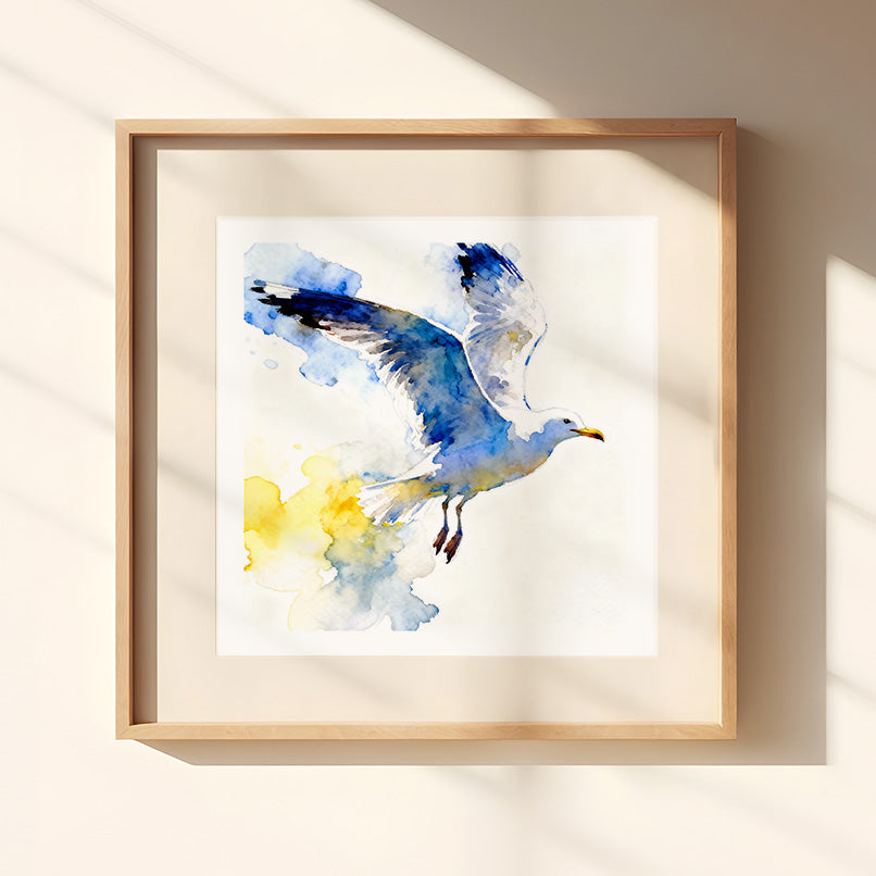 Avian Aglow Watercolor-Style Coatal Sea Gull Art