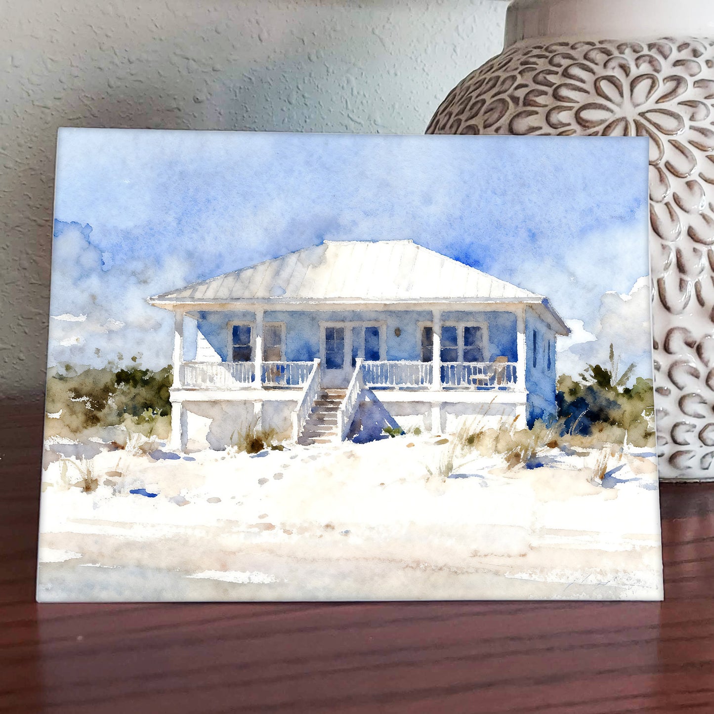 Beachy Watercolor-Style Coastal Beach House Art
