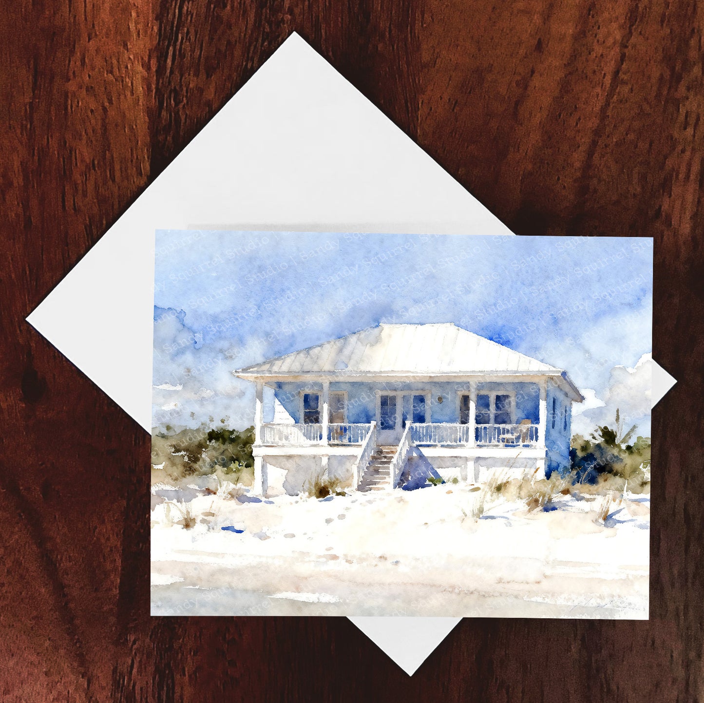 Beachy Watercolor-Style Coastal Beach House Art