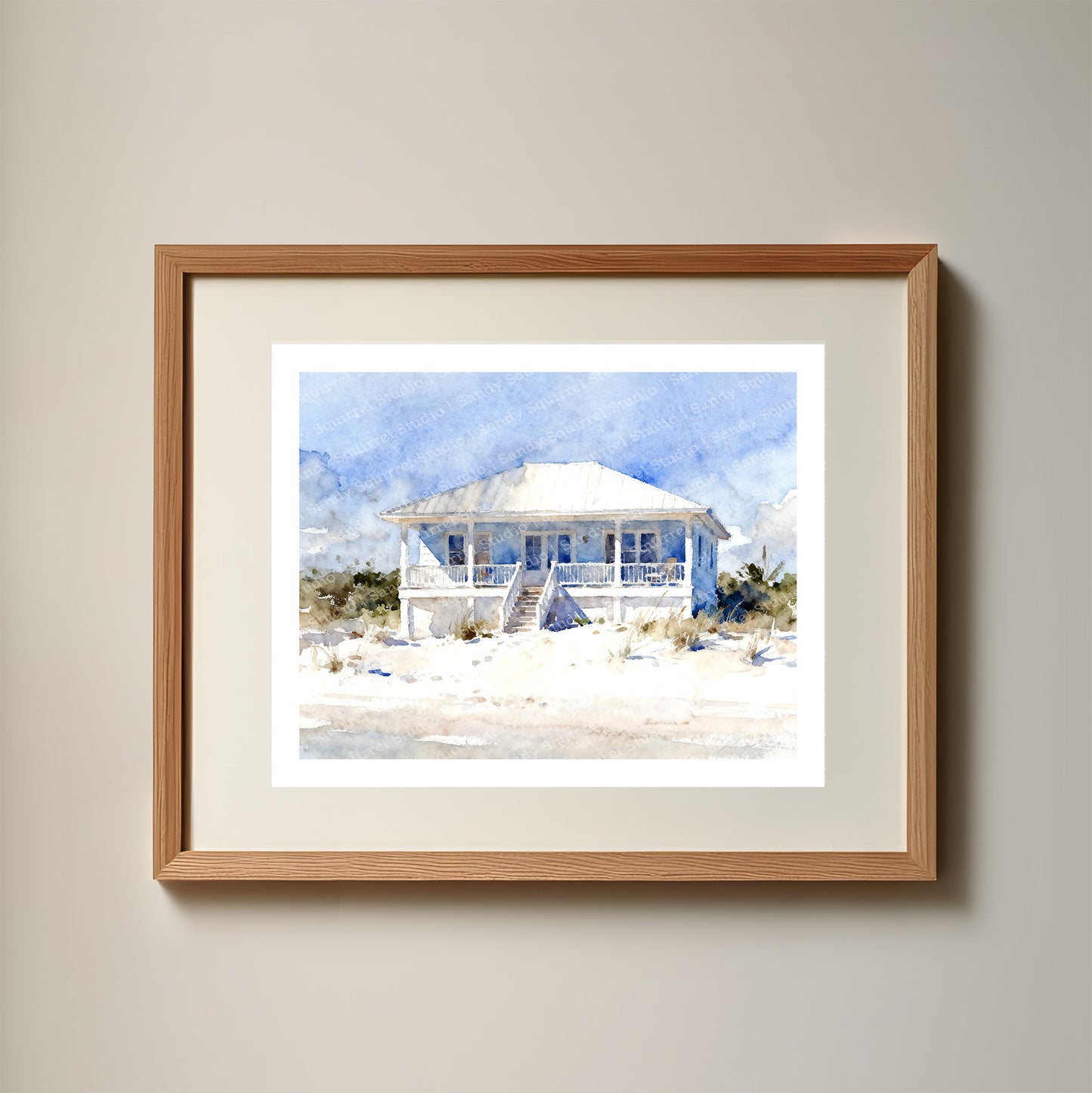 Beachy Watercolor-Style Coastal Beach House Art