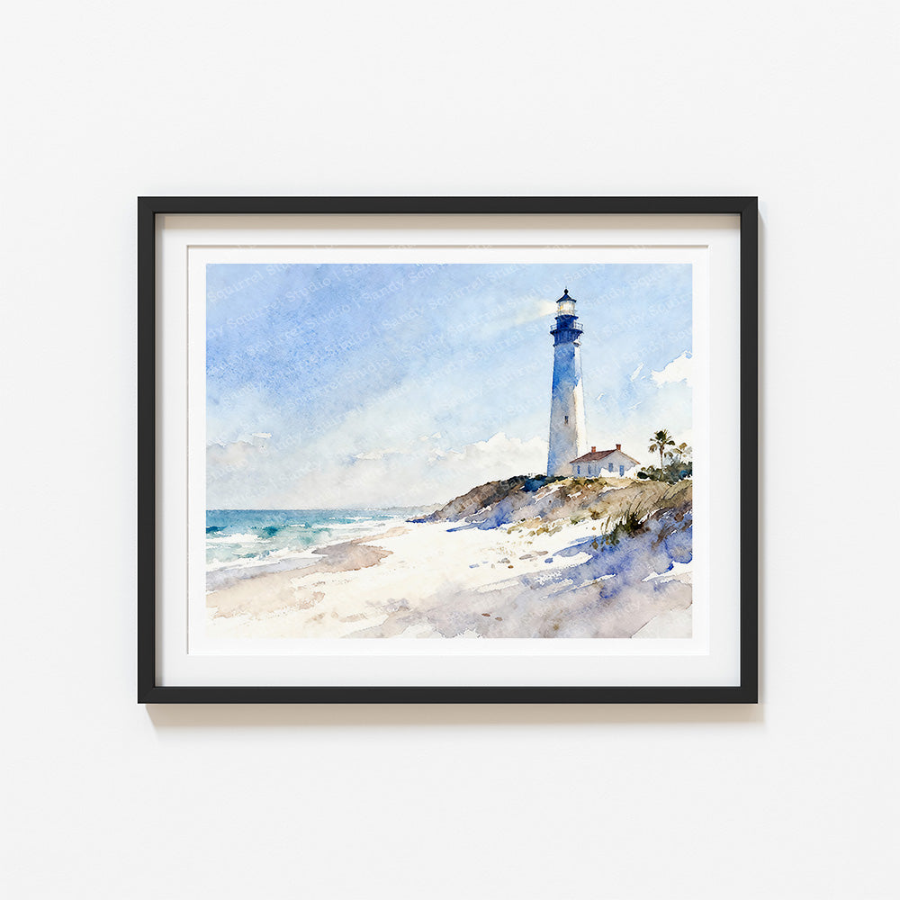Beacon Watercolor-Style Coastal Beach Lighthouse Art