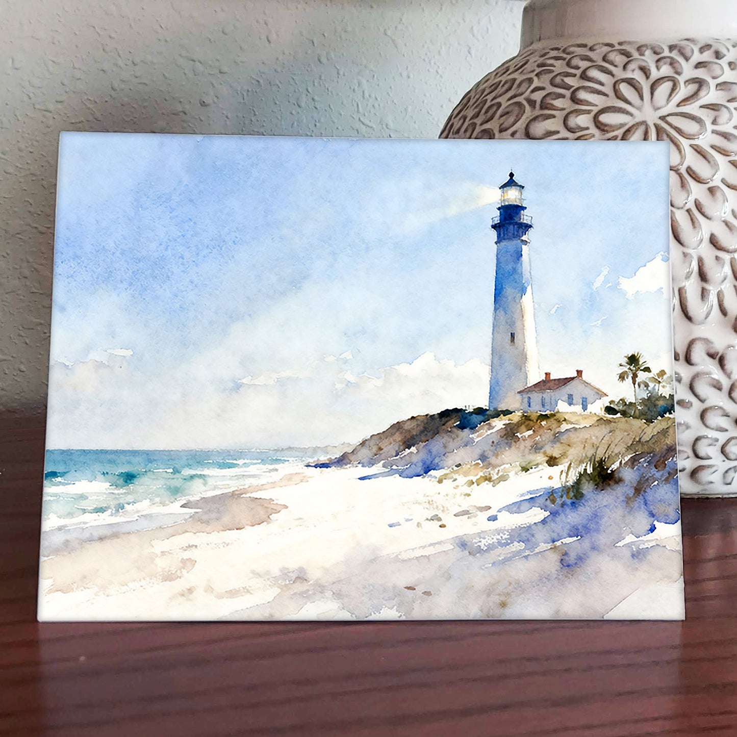 Beacon Watercolor-Style Coastal Beach Lighthouse Art