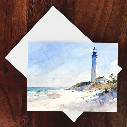 Beacon Watercolor-Style Coastal Beach Lighthouse Art