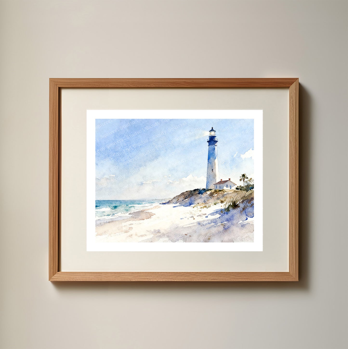 Beacon Watercolor-Style Coastal Beach Lighthouse Art