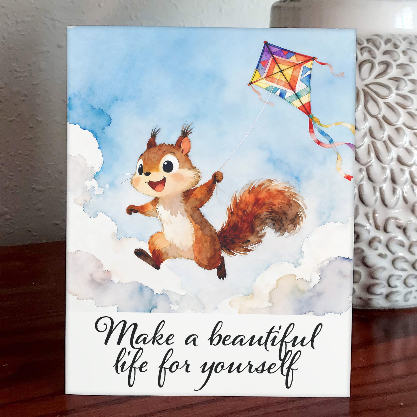 Beautiful Whimsical Watercolor-Style Squirrel Kite Art