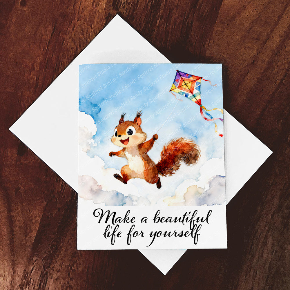 Beautiful Whimsical Watercolor-Style Squirrel Kite Art