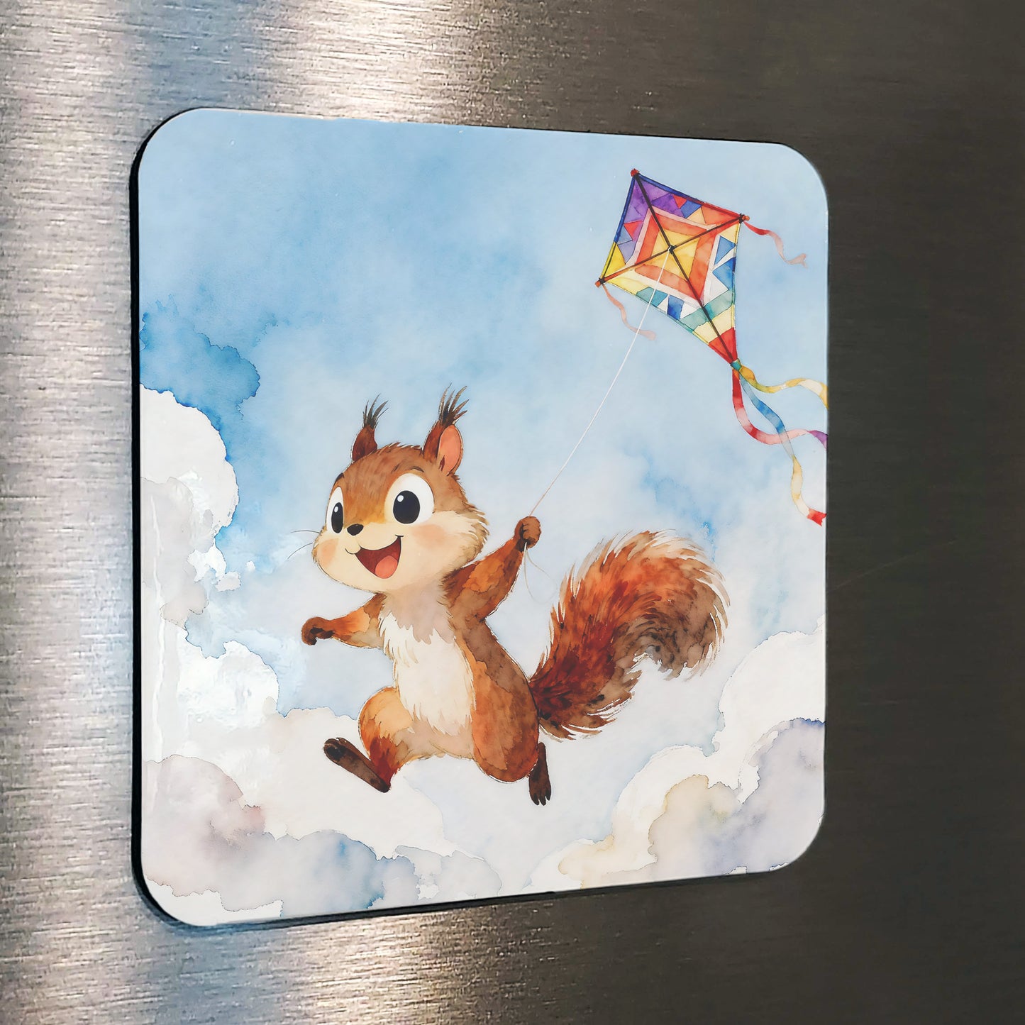 Beautiful Whimsical Watercolor-Style Squirrel Kite Art
