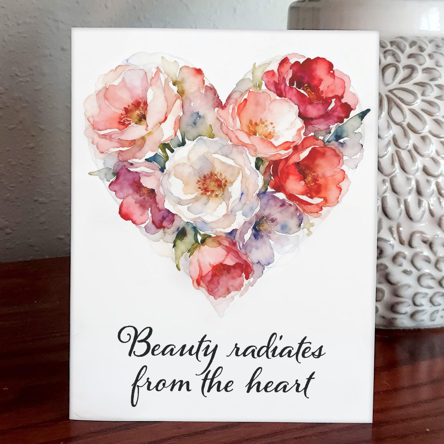 Beauty Radiates Whimsical Watercolor-Style Floral Heart Art