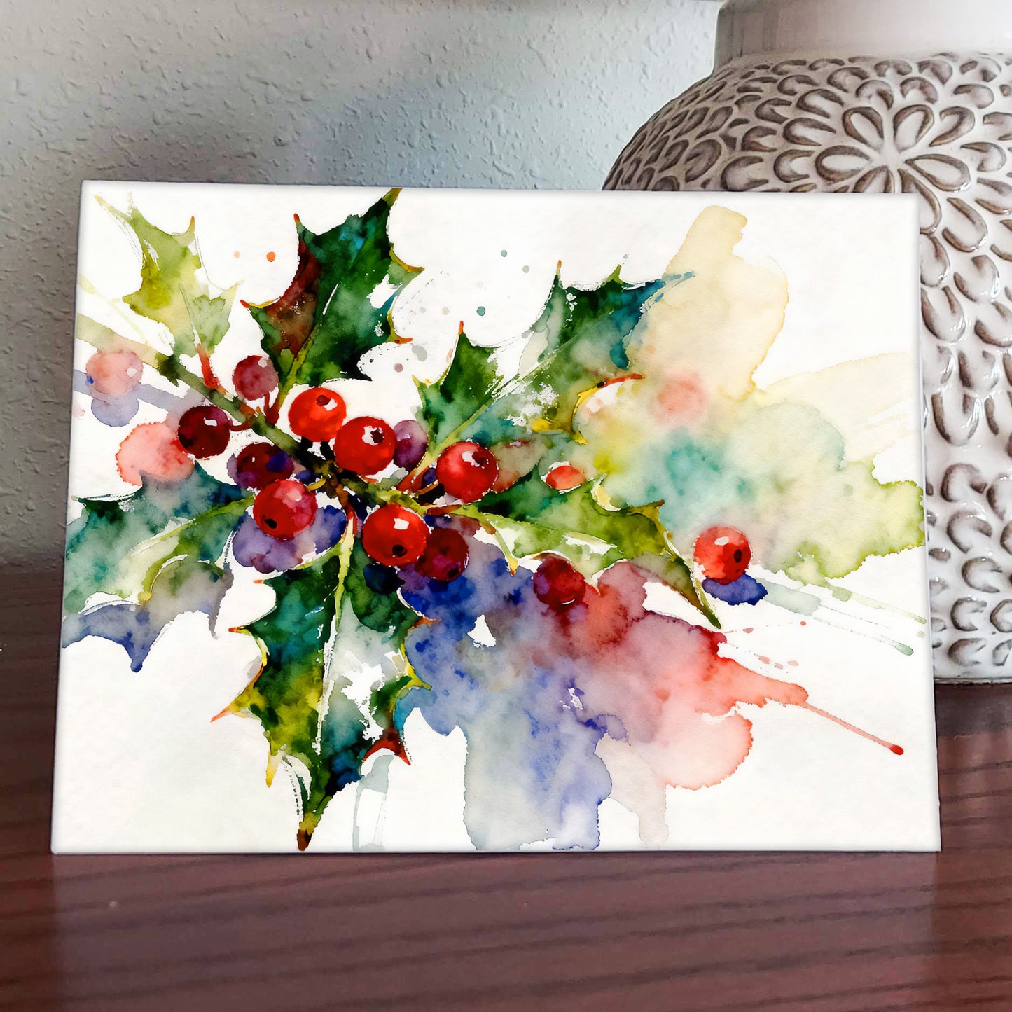 Berry Christmas Watercolor-Style Holly Christmas Art