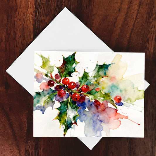 Berry Christmas Watercolor-Style Holly Christmas Art