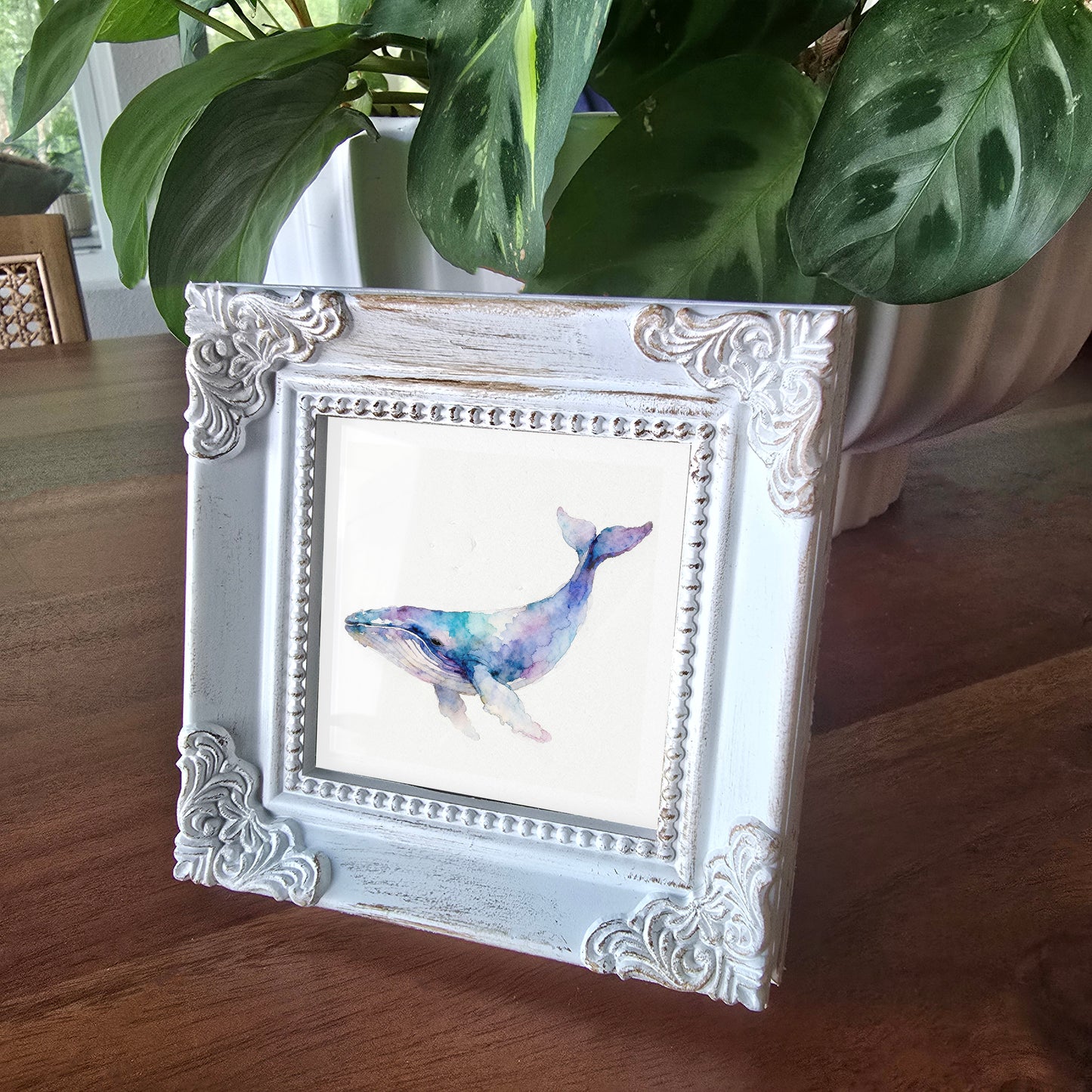 Blue Watercolor-Style Coastal Whale Art