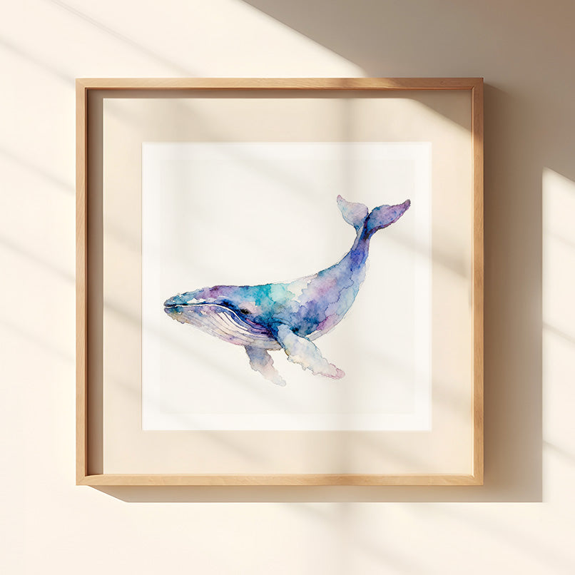 Blue Watercolor-Style Coastal Whale Art
