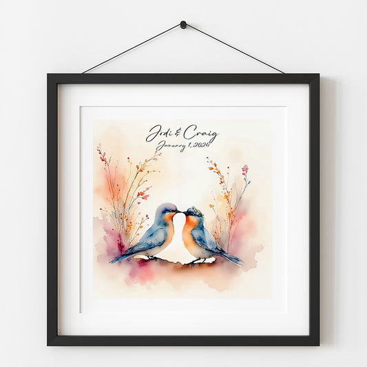 Personalized Bluebird Wedding Print – Watercolor Bride & Groom Bluebirds – Custom Wedding Gift – Lovebirds Art – 8x8, 10x10, 12x12 (Copy)