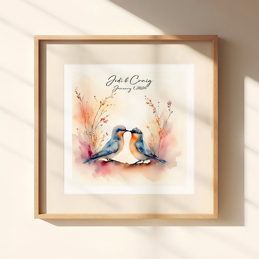 Personalized Bluebird Wedding Print – Watercolor Bride & Groom Bluebirds – Custom Wedding Gift – Lovebirds Art – 8x8, 10x10, 12x12 (Copy)