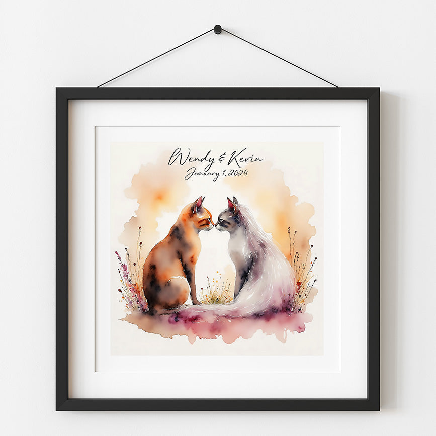 Personalized Cat Wedding Print – Watercolor Bride & Groom Cats – Custom Wedding Gift – Romantic Feline Art – 8x8, 10x10, 12x12