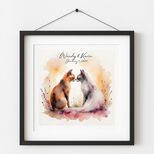 Personalized Cat Wedding Print – Watercolor Bride & Groom Cats – Custom Wedding Gift – Romantic Feline Art – 8x8, 10x10, 12x12