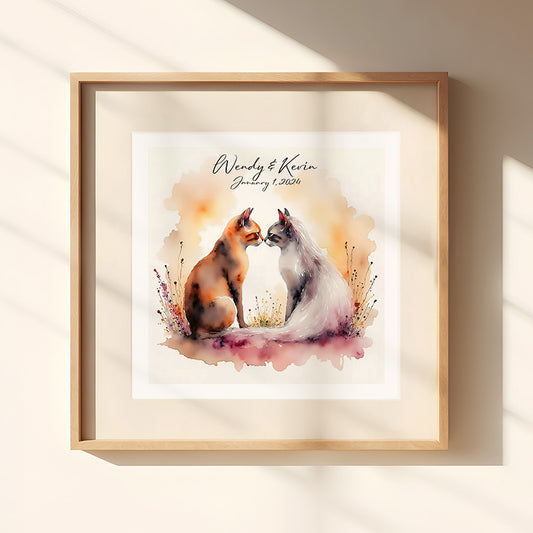Personalized Cat Wedding Print – Watercolor Bride & Groom Cats – Custom Wedding Gift – Romantic Feline Art – 8x8, 10x10, 12x12