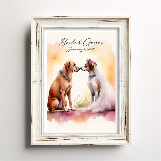 Personalized Canine Wedding Print – Watercolor Bride & Groom Dogs – Custom Wedding Gift – Romantic Pet Lover Art – 5x7, 8x10, 11x14