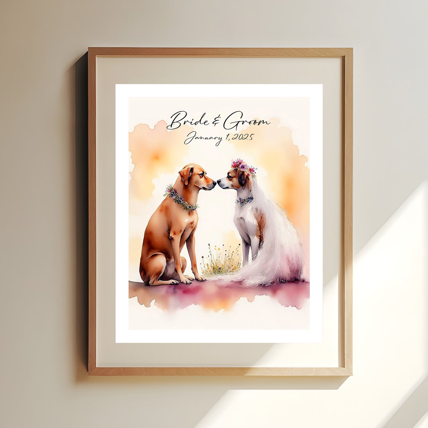 Personalized Canine Wedding Print – Watercolor Bride & Groom Dogs – Custom Wedding Gift – Romantic Pet Lover Art – 5x7, 8x10, 11x14