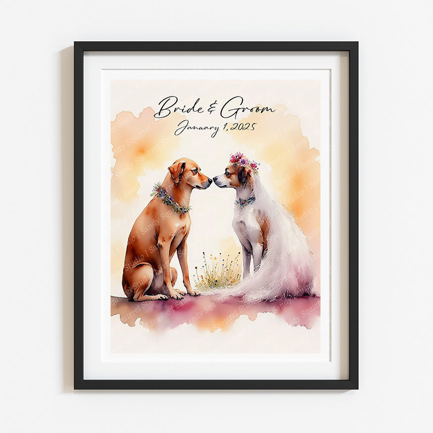Personalized Canine Wedding Print – Watercolor Bride & Groom Dogs – Custom Wedding Gift – Romantic Pet Lover Art – 5x7, 8x10, 11x14