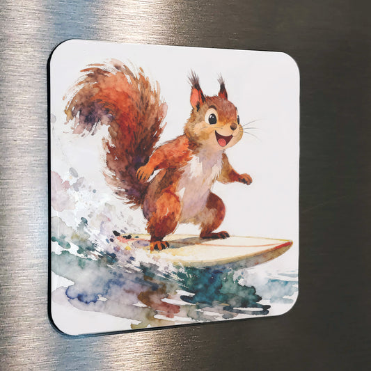 Cowabunga Watercolor-Style Surfing Squirrel Art
