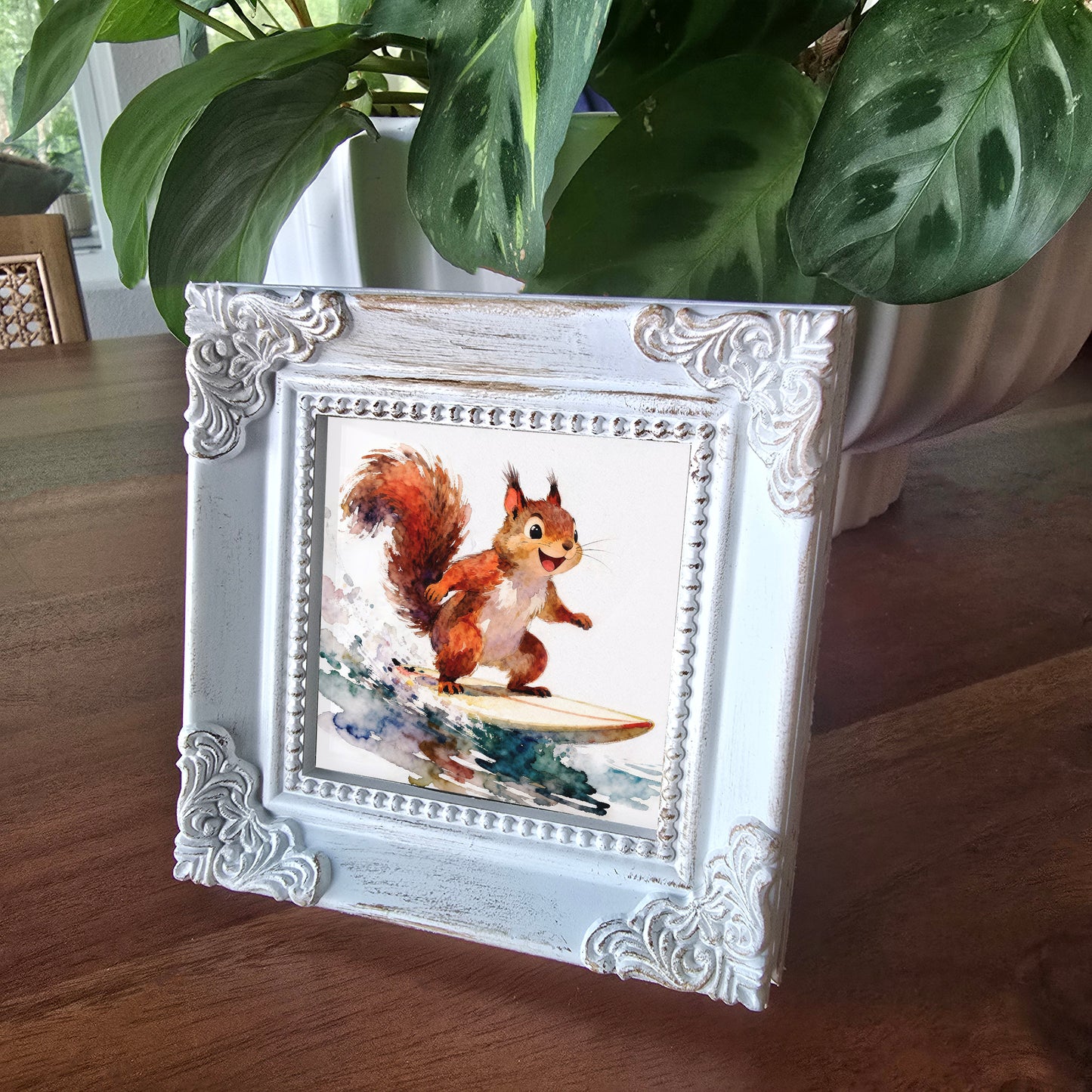 Cowabunga Watercolor-Style Surfing Squirrel Art