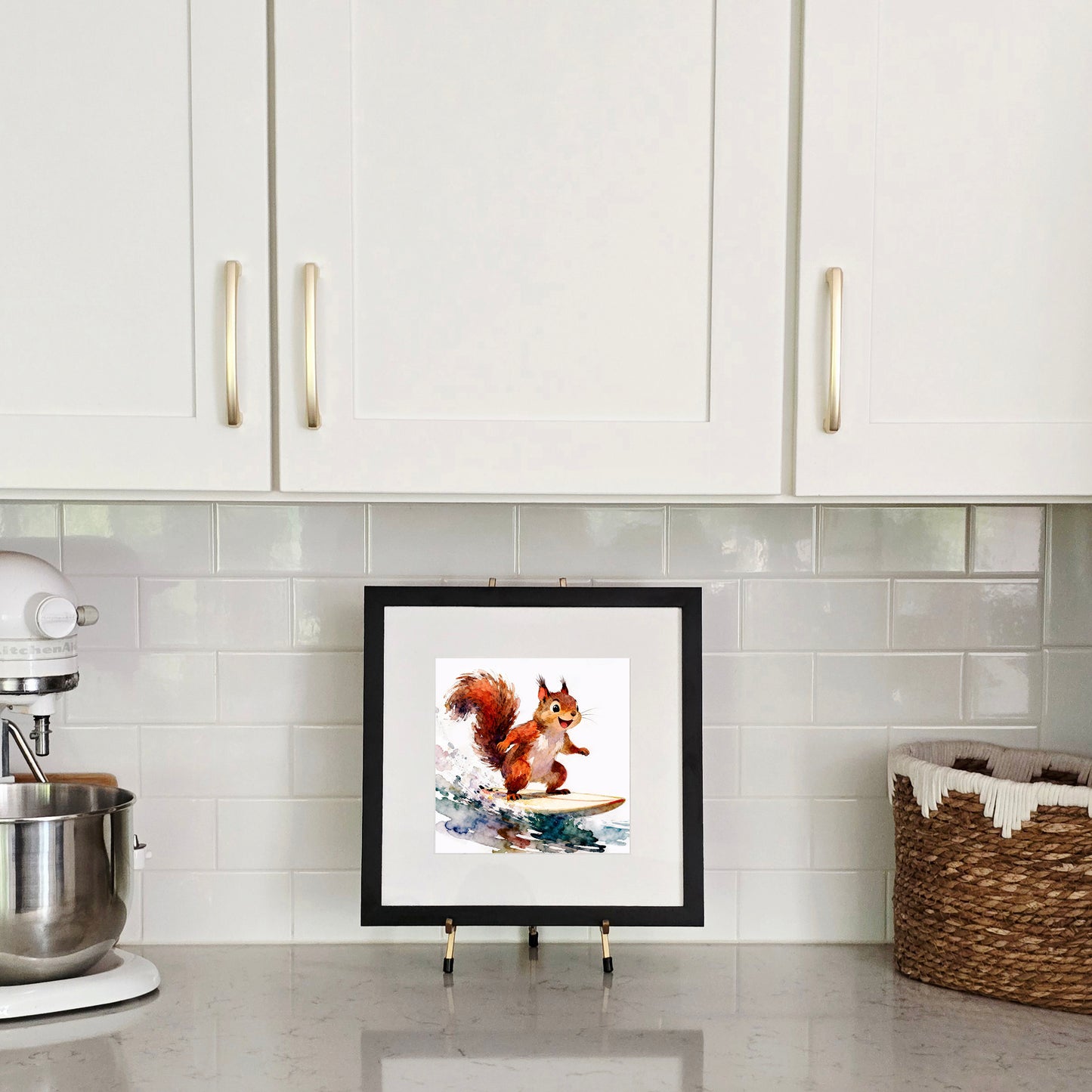 Cowabunga Watercolor-Style Surfing Squirrel Art