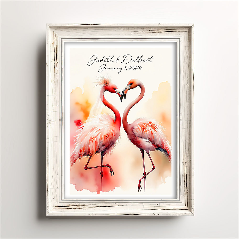 Personalized Flamingo Wedding Print – Watercolor Flamingo Bride & Groom – Custom Wedding Gift – Romantic Tropical Art – 5x7, 8x10, 11x14