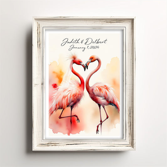 Personalized Flamingo Wedding Print – Watercolor Flamingo Bride & Groom – Custom Wedding Gift – Romantic Tropical Art – 5x7, 8x10, 11x14