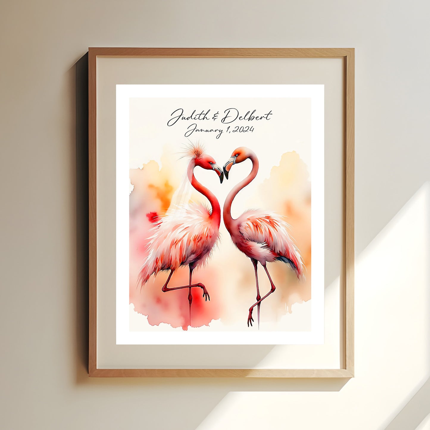 Personalized Flamingo Wedding Print – Watercolor Flamingo Bride & Groom – Custom Wedding Gift – Romantic Tropical Art – 5x7, 8x10, 11x14
