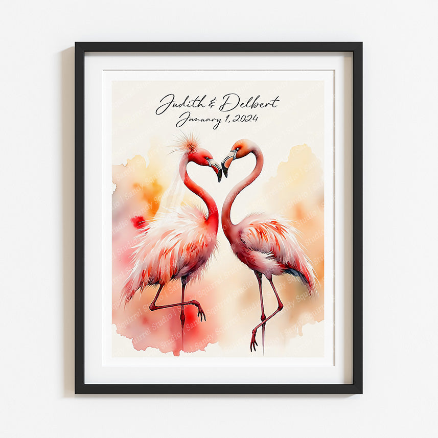 Personalized Flamingo Wedding Print – Watercolor Flamingo Bride & Groom – Custom Wedding Gift – Romantic Tropical Art – 5x7, 8x10, 11x14