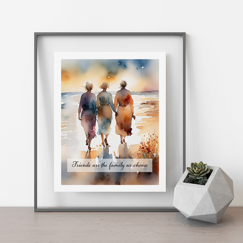 ’Friends’ Original Women On The Beach Wall Art Print Watercolor Style Home Decor 8X10 With Quote
