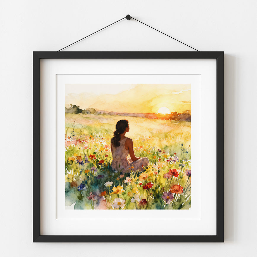 Good Morning Watercolor-Style Meadow Sunrise Art