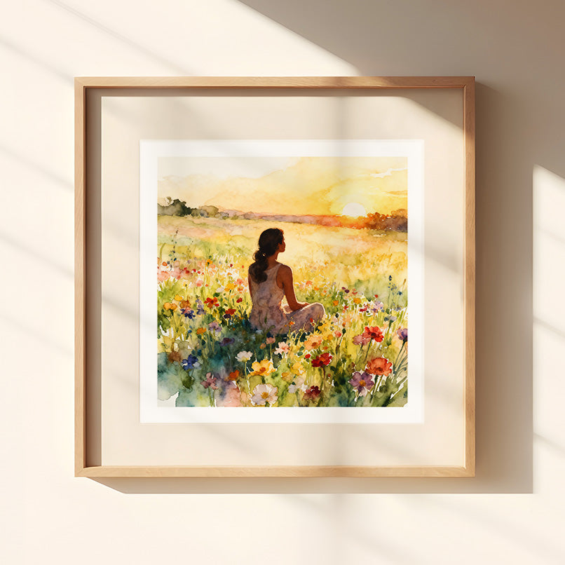 Good Morning Watercolor-Style Meadow Sunrise Art