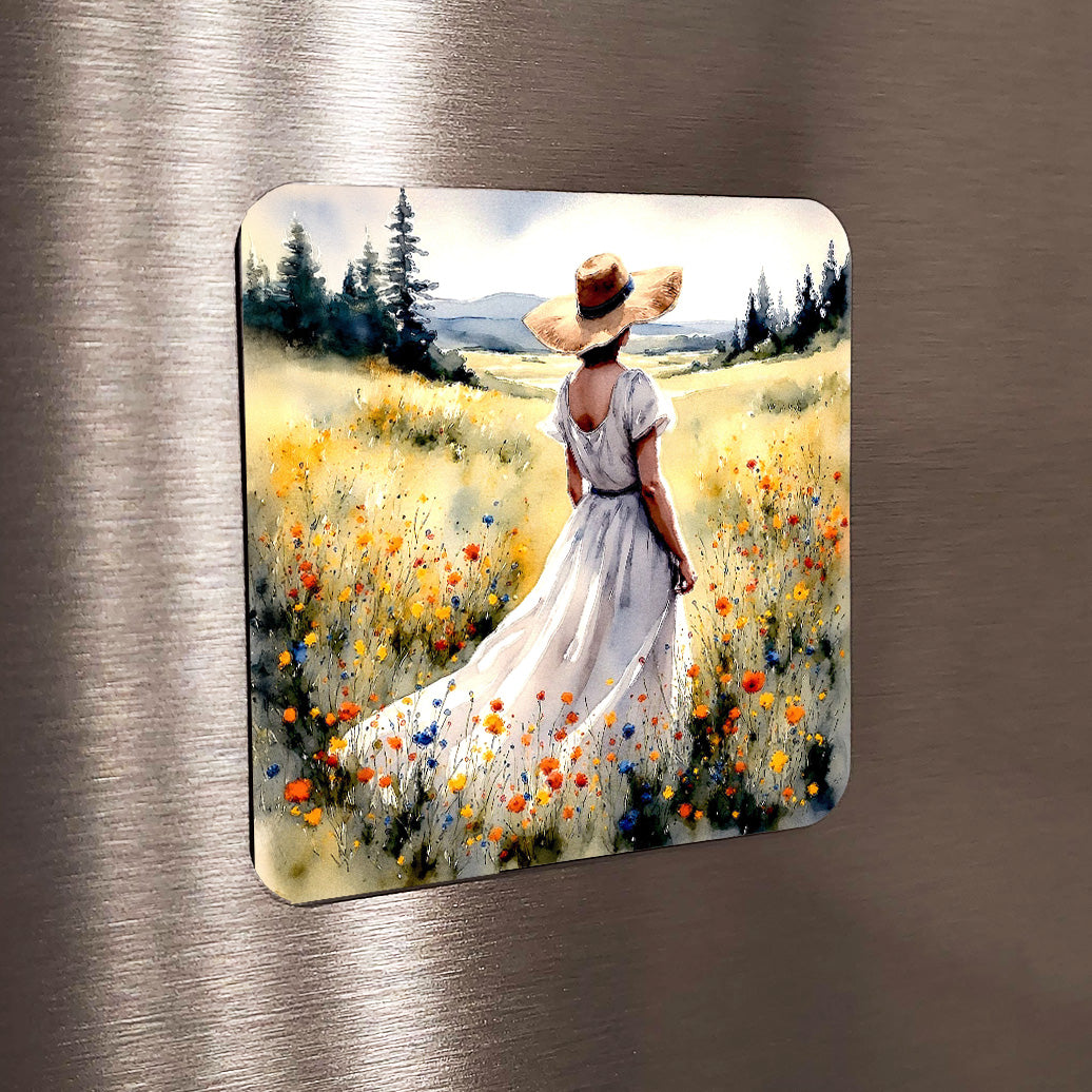 "Graceful Horizons" Watercolor Style Woman in Meadow Art Print