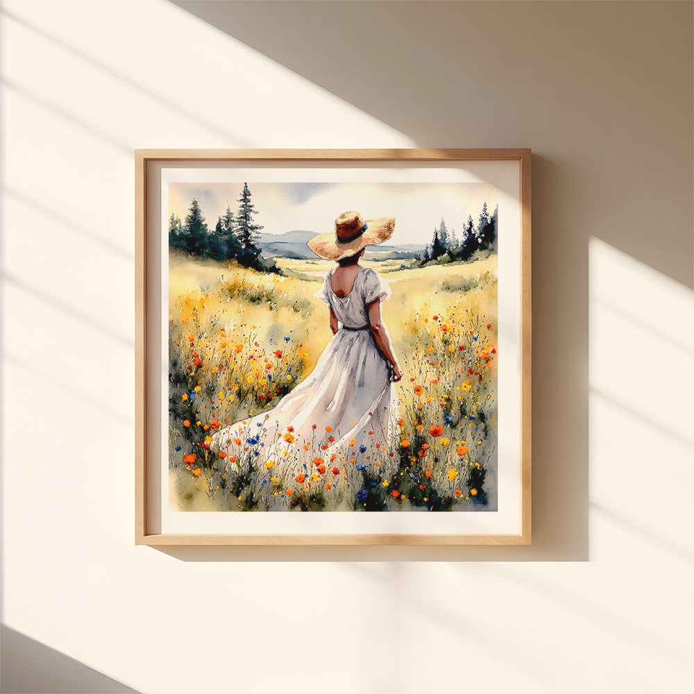 ’Graceful Horizons’ Watercolor Style Woman In Meadow Art Print 12 X