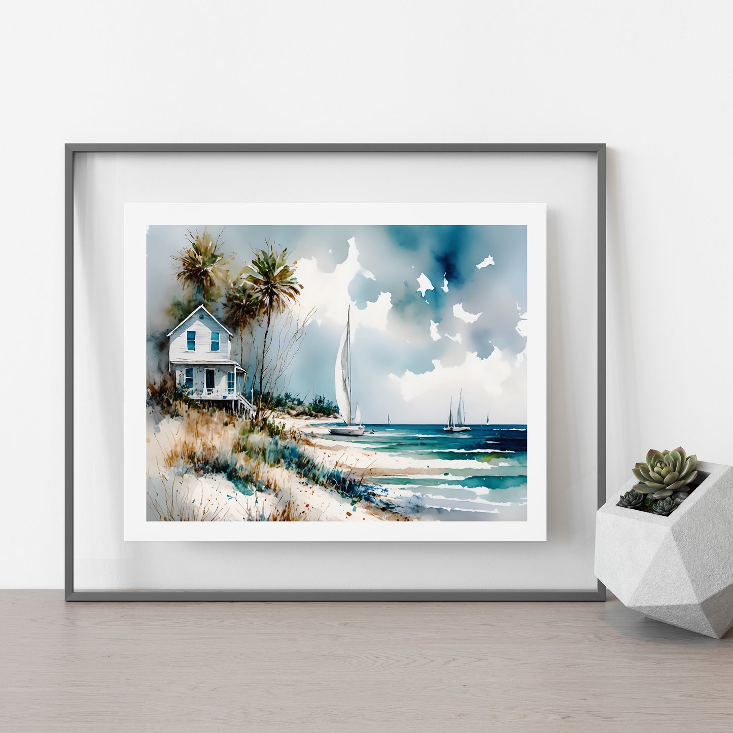 "Grounded" Coastal Ocean Beach Beach House and Sailboats Original 10×8 Inch Wall Art Print Watercolor Style Home Decor