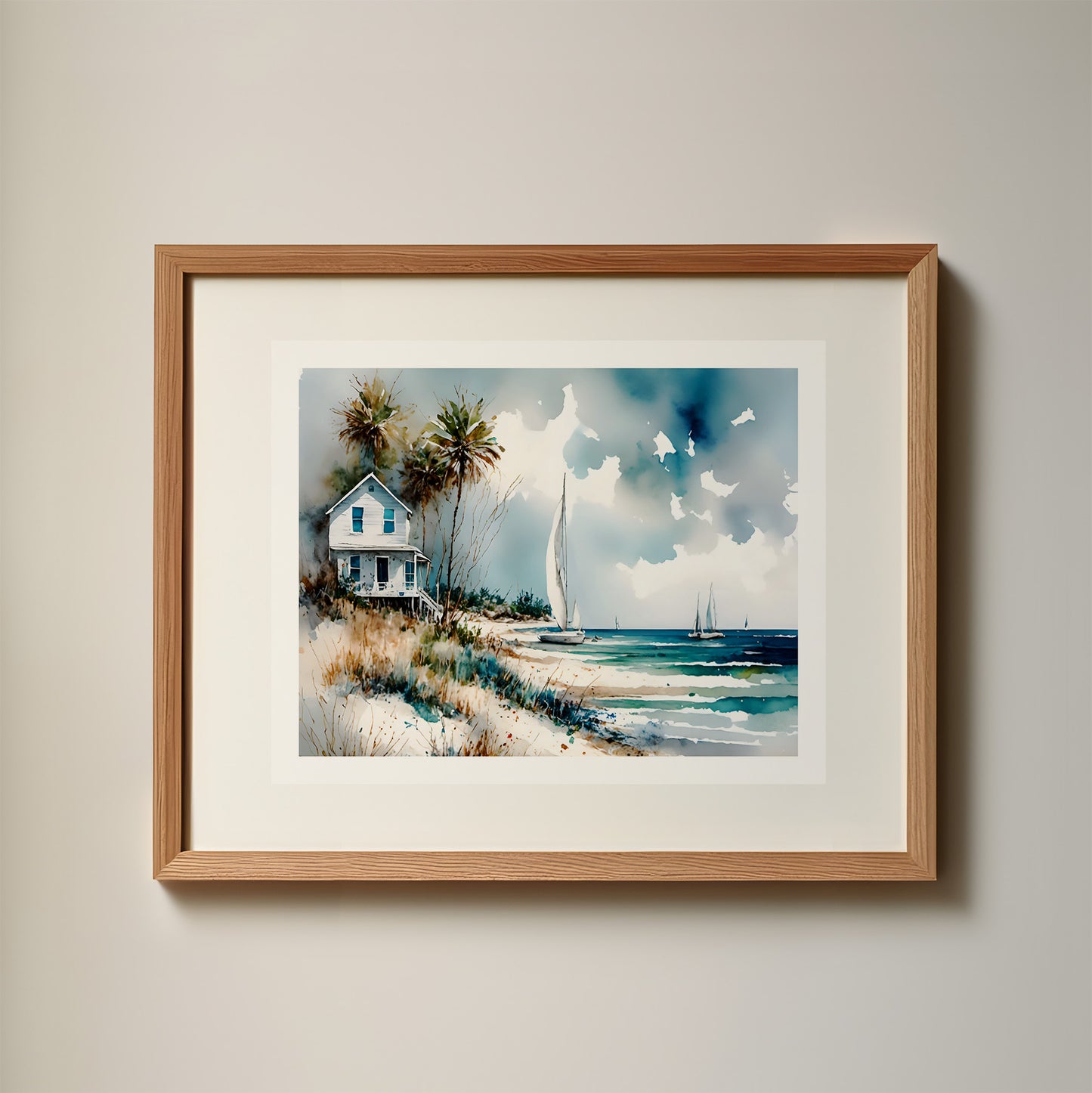 "Grounded" Coastal Ocean Beach Beach House and Sailboats Original 10×8 Inch Wall Art Print Watercolor Style Home Decor