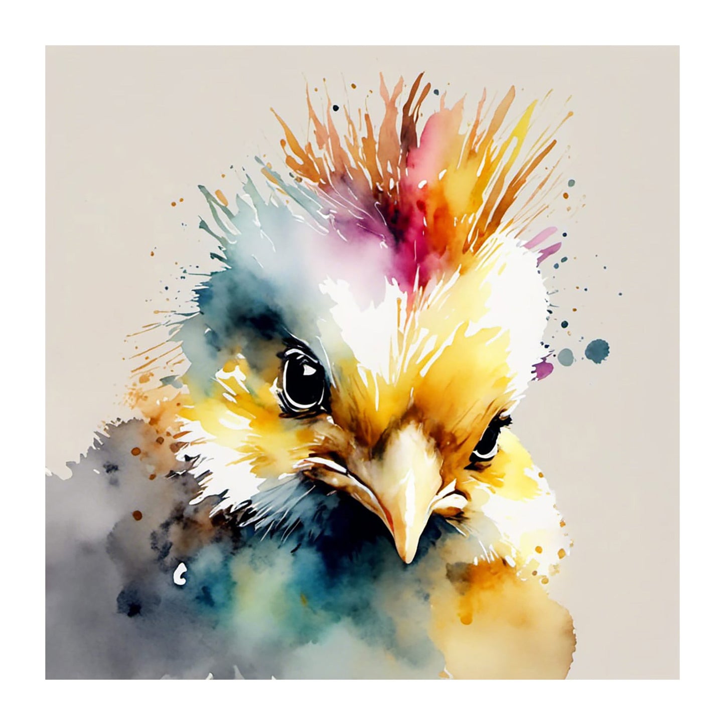 ’Hawk’ Original Ch9Icken With Mohawk Art Print 8X8 Home Decor Watercolor Style Wall Muted Colors