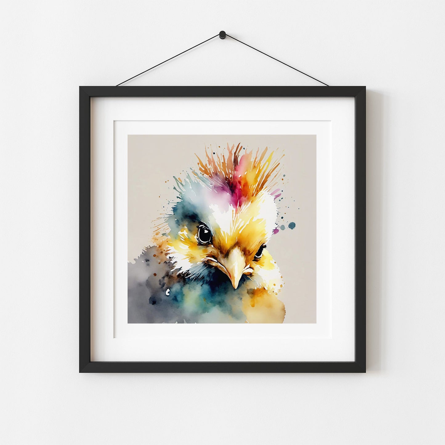 ’Hawk’ Original Ch9Icken With Mohawk Art Print 8X8 Home Decor Watercolor Style Wall Muted Colors