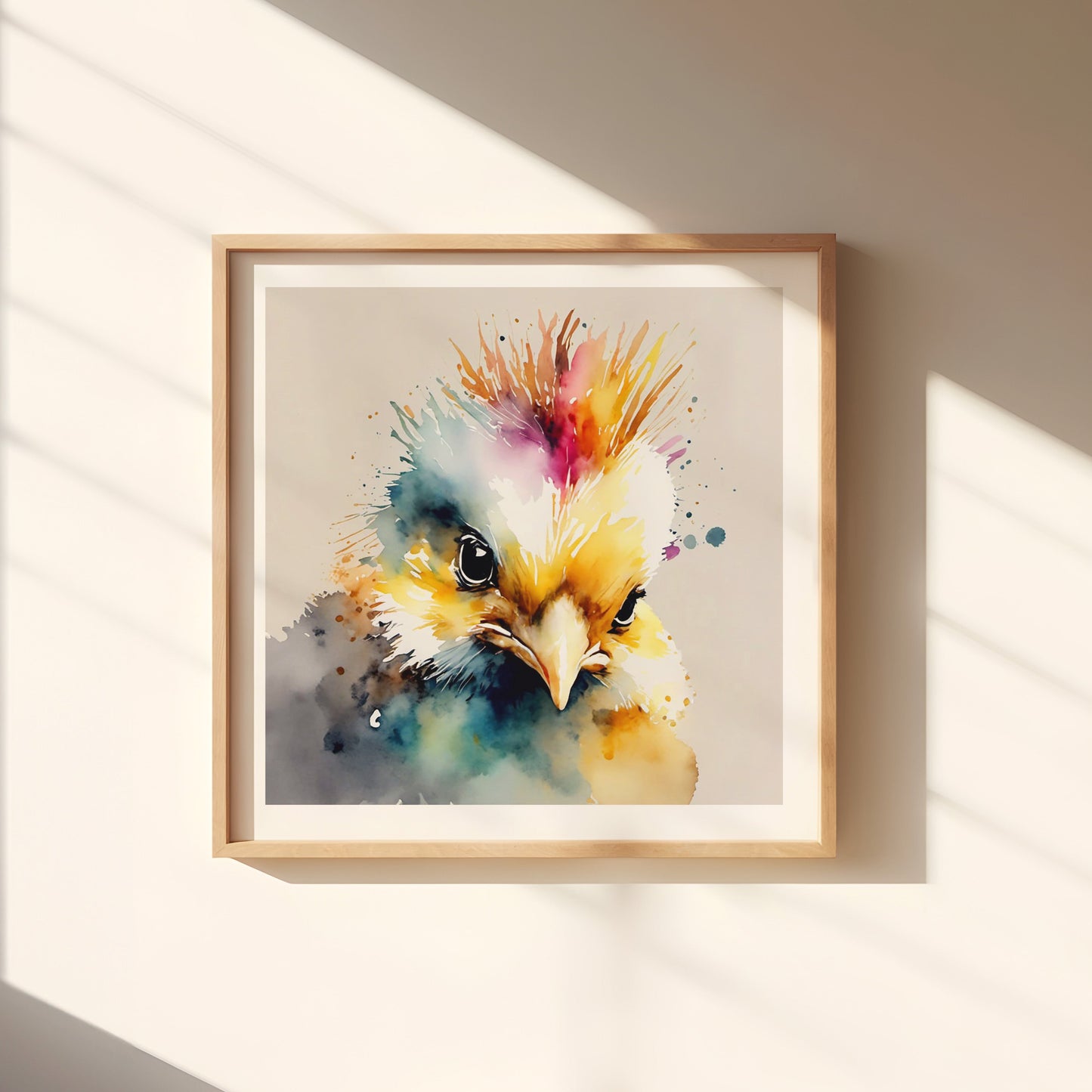 ’Hawk’ Original Ch9Icken With Mohawk Art Print 8X8 Home Decor Watercolor Style Wall Muted Colors