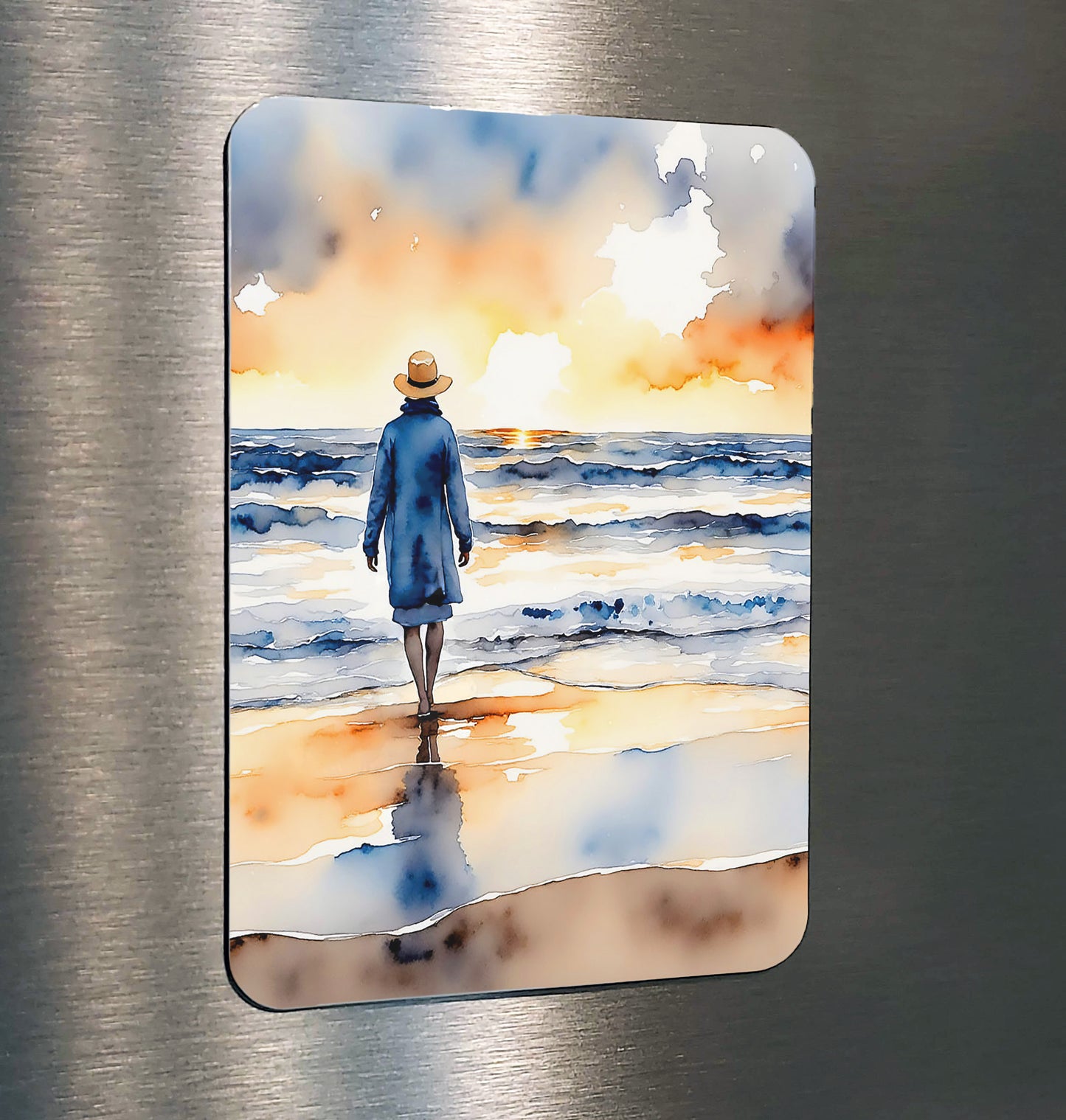 Hello World Watercolor-Style Coastal Beach Woman Art