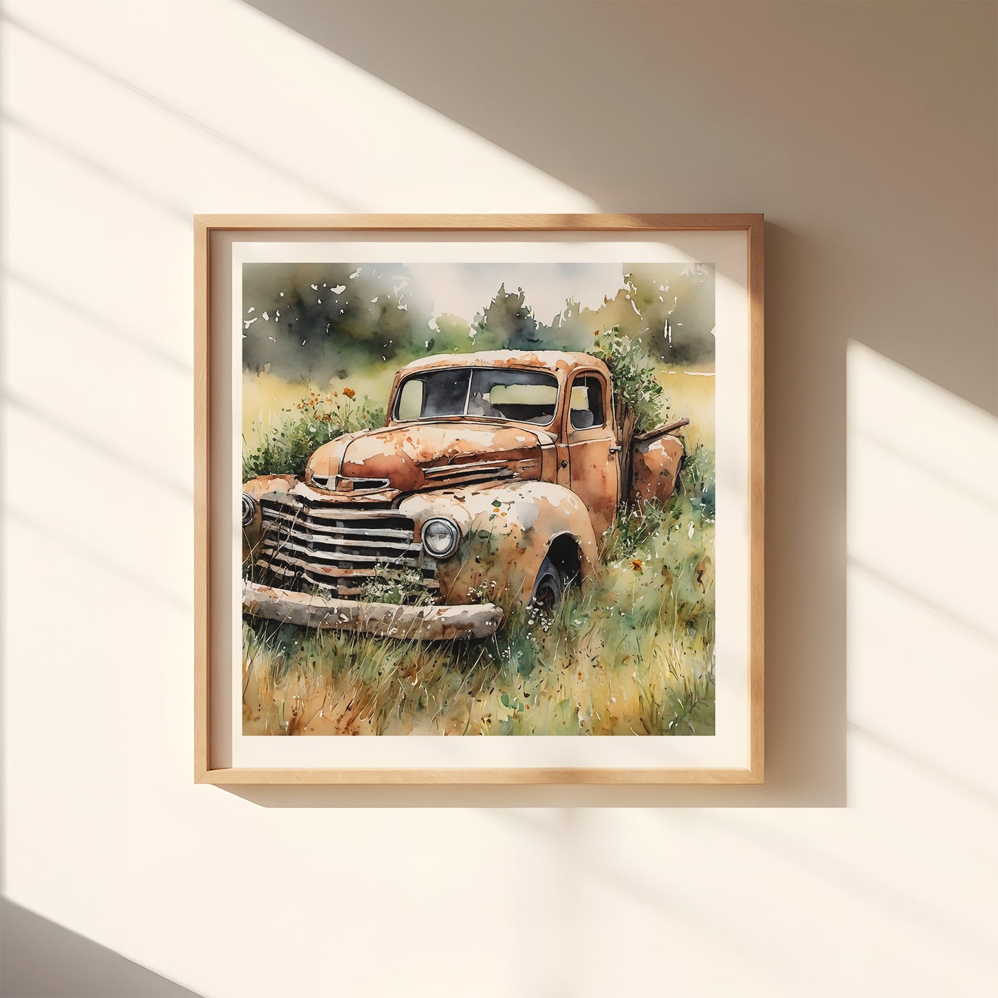 "History Ignored" Abandoned Farm Truck Original Rural Art Print Home Decor Watercolor Style Wall Art with Muted Colors