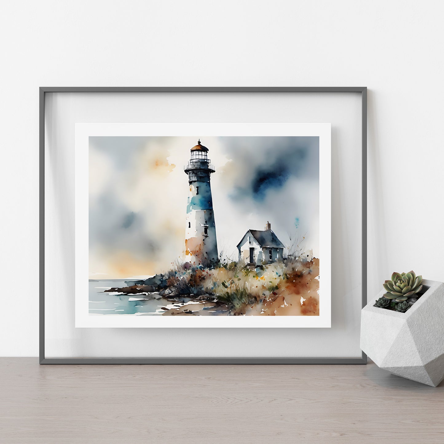Lighthouse in Blue Original Watercolor Style Coastal Beach Art