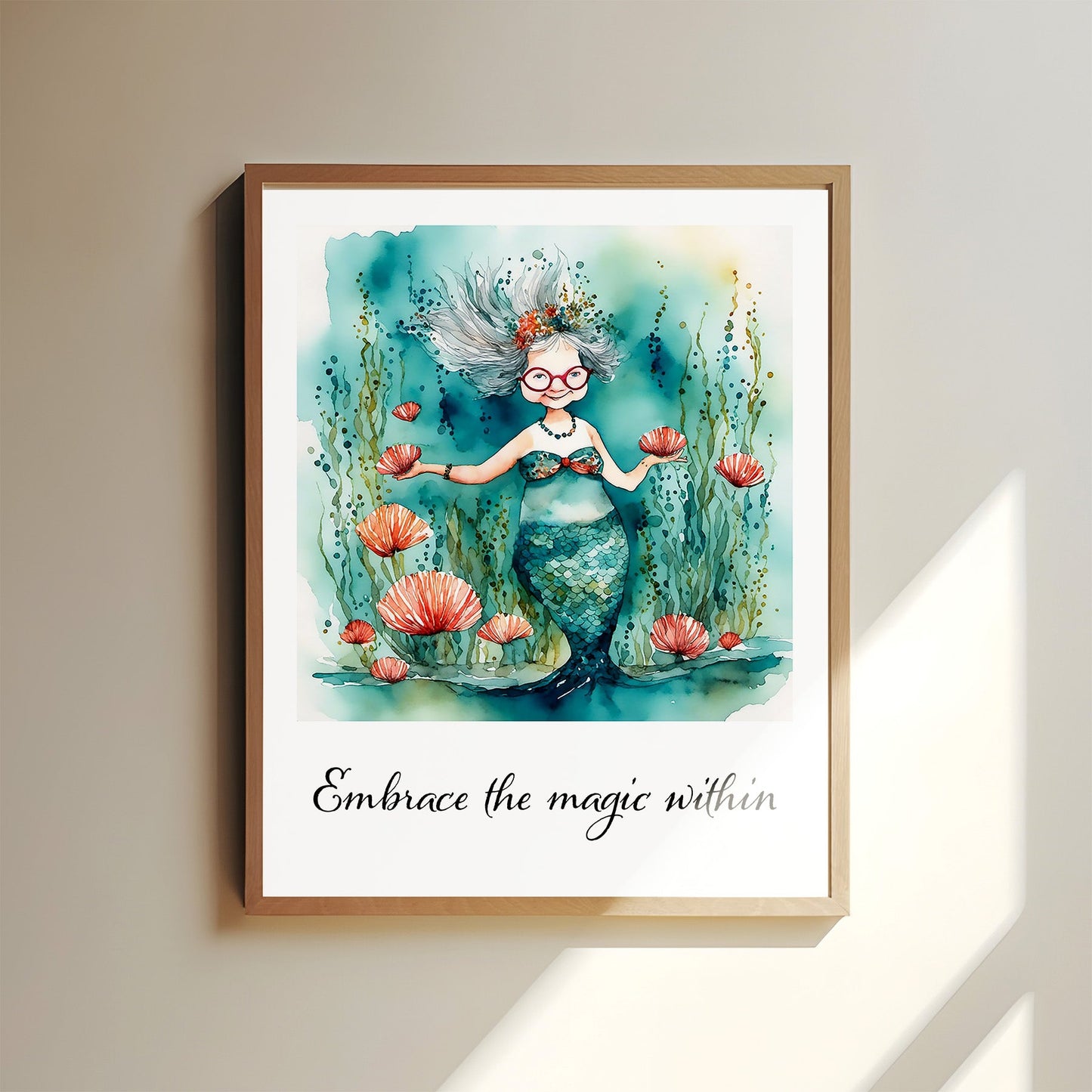 ’Magic’ Original Whimsical Mermaid Grandmother Art Home Decor Wall Print 8X10 With Quote
