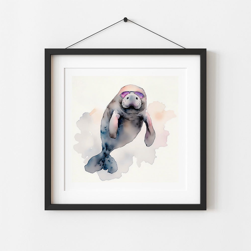 ’Manatee Moment’ Original Watercolor Style Manatee Coastal Wall Art 8X8 Print